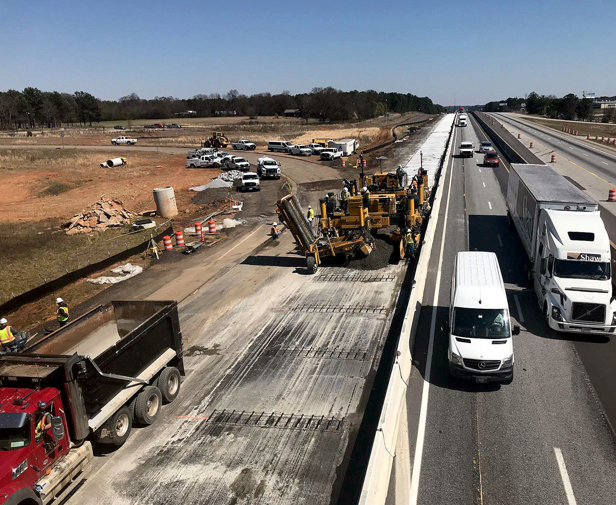 Photo from above of Concrete Paving Operation from Gossett Road looking North on I-85